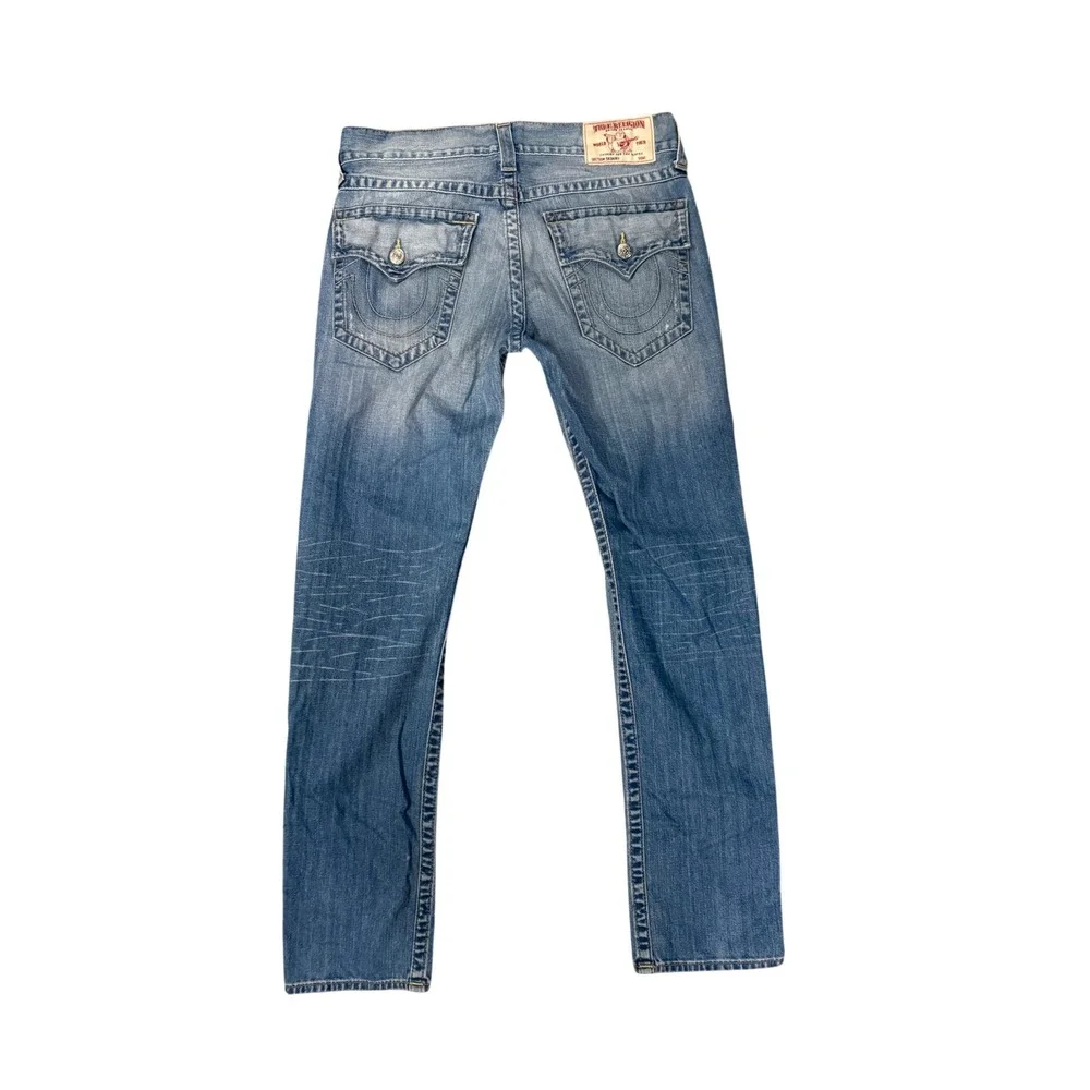 True Religion Skinny Flap Jeans Mens 33 Blue Distressed Bleached Splatter